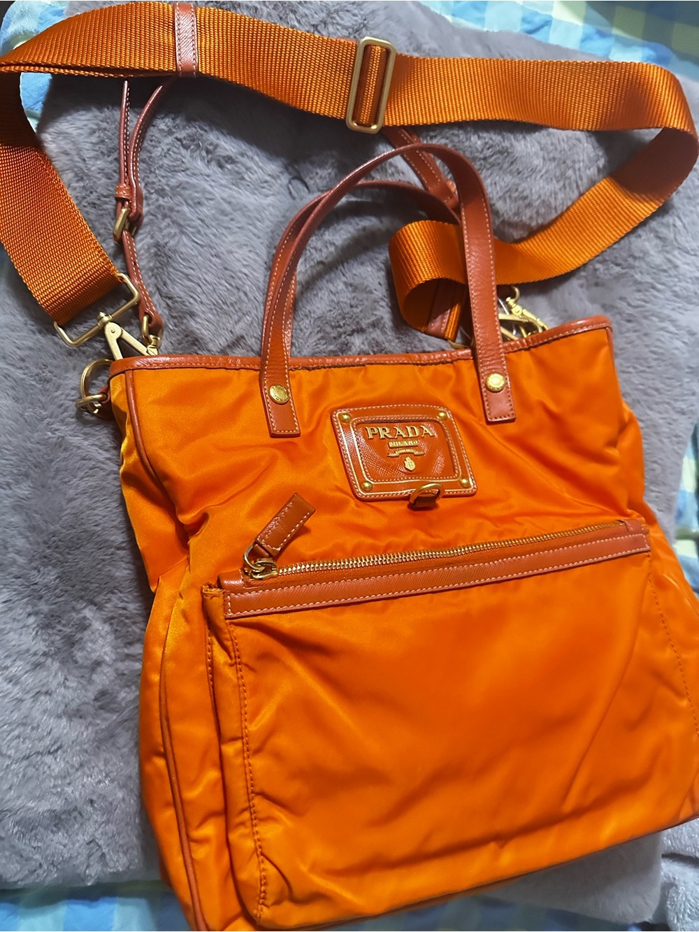 Prada Orange Nylon Tote with Brown Leather Trim and Adjustable Strap